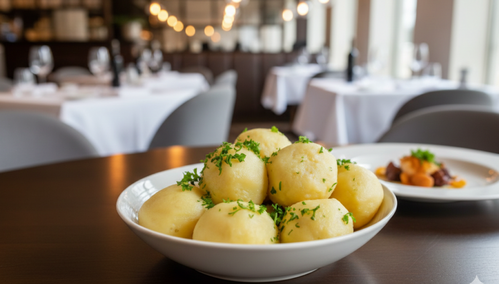 Handgemachter Kartoffelknödel aus feinem Kartoffelteig, traditionell zubereitet von einem Profi-Koch bei Chefs United