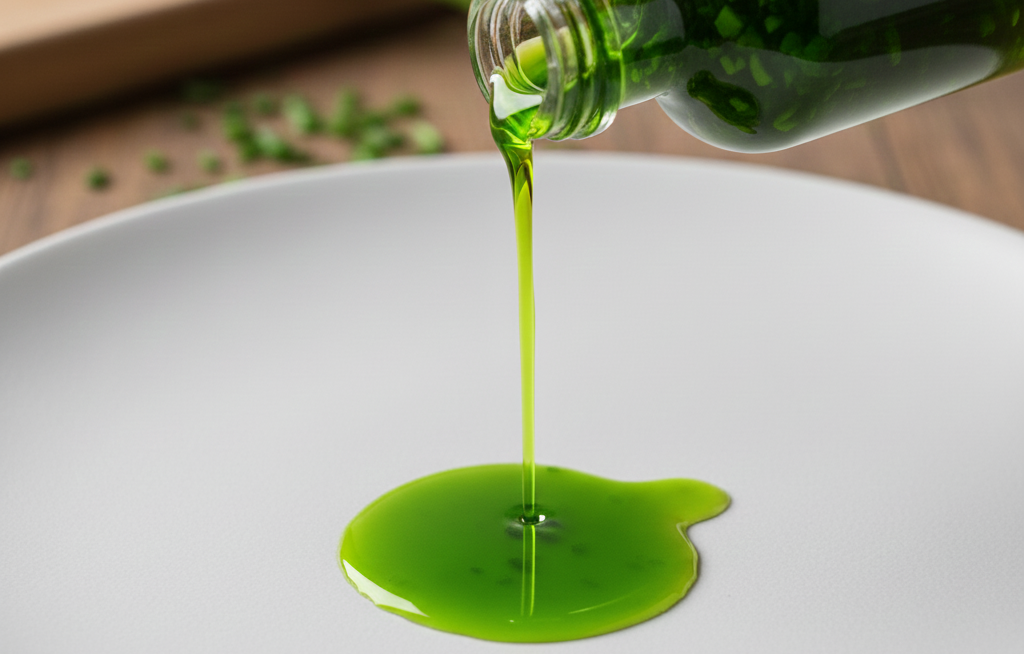 Frisch angesetztes Schnittlauchöl in intensiver grüner Farbe, handwerklich hergestellt von einem Profi-Koch bei Chefs United